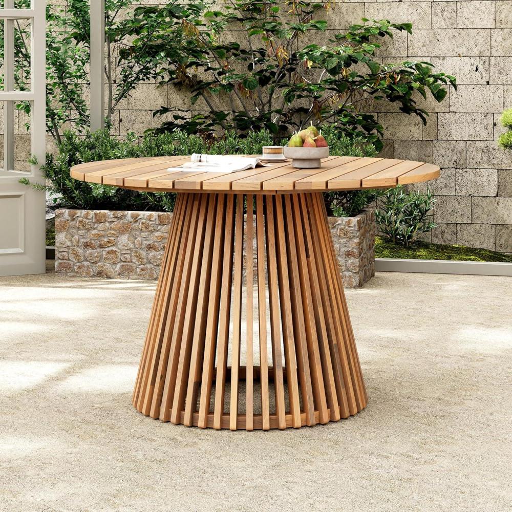 imageChristopher Knight Home Briar Farmhouse Acacia Wood Round Dining Table Patio Dining Room Table with Unique Wooden Base for BackyardGarden Slatted Design Outdoor Dining Table Light TeakLight Teak