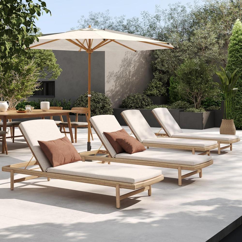 imageChristopher Knight Home Brolen Acacia Wood Chaise Lounge Chair Outdoor Set of 4 Patio Outdoor Chaise Lounge with Cushions Adjustable Backrest Lounge Sofa Wooden Sunbathing Pool Lounger TeakBeige