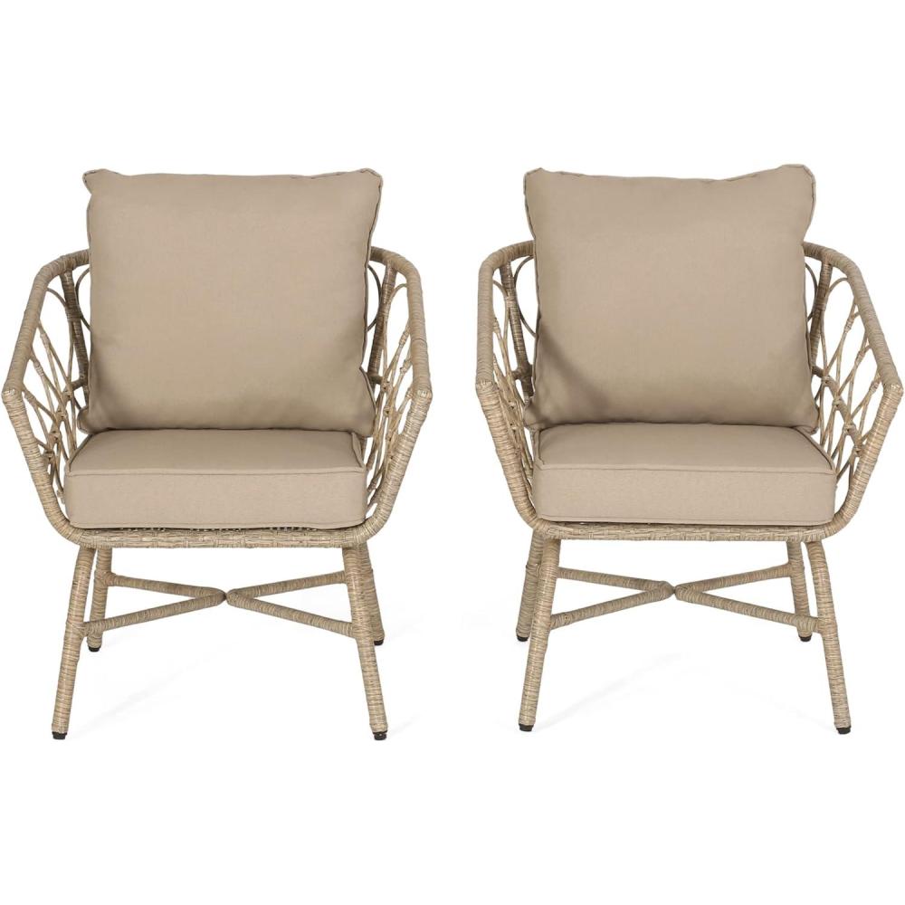 imageChristopher Knight Home Bruce Outdoor Club Chairs with Cushions Wicker Light BrownBeige Set of 2