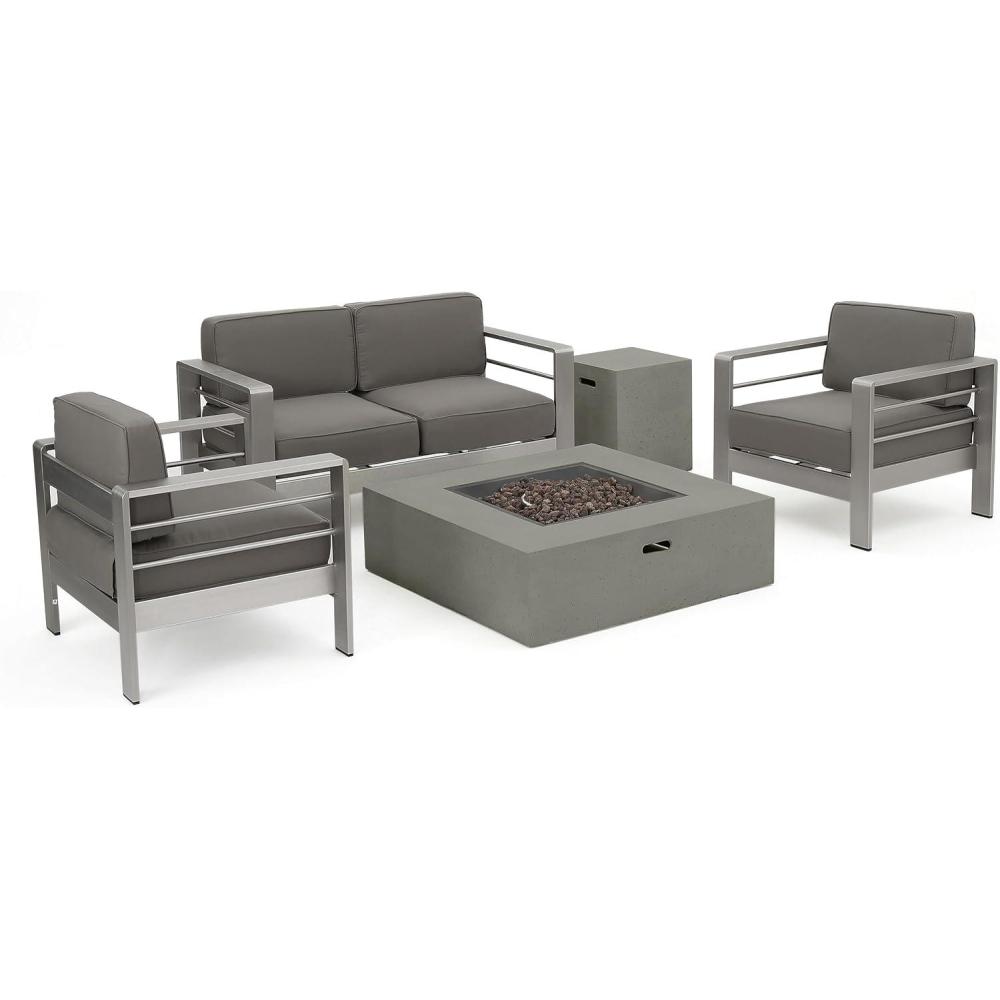imageChristopher Knight Home Cape Coral Outdoor Aluminum Chat Set with Fire Table Khaki Light Grey