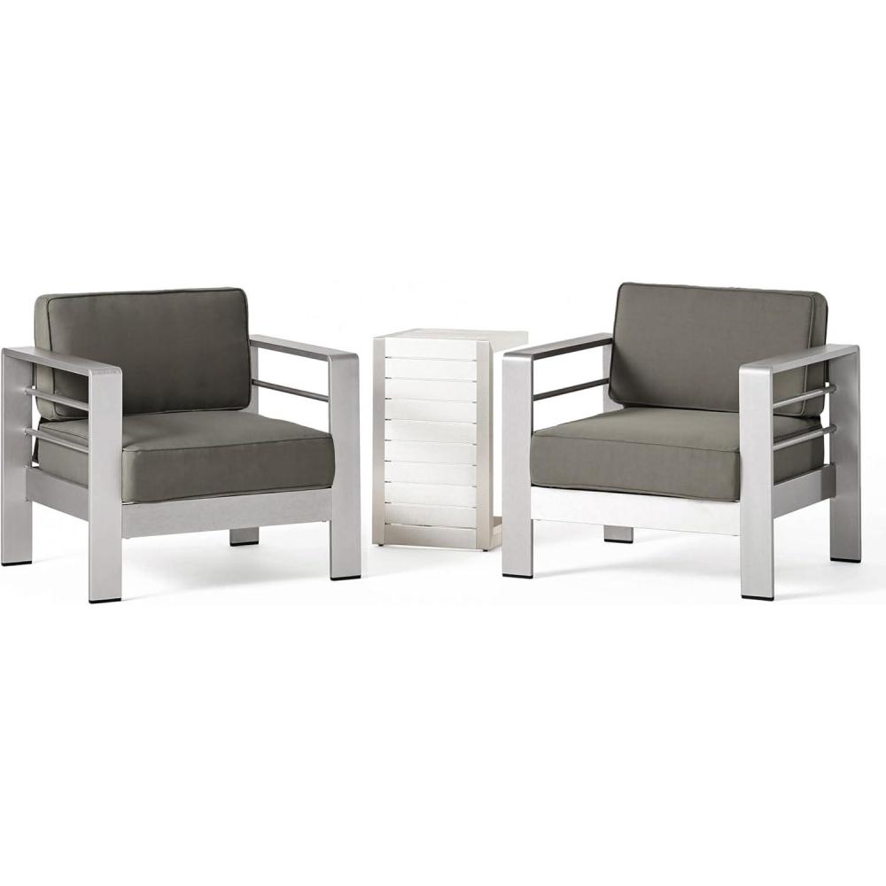 imageChristopher Knight Home Cape Coral Outdoor Aluminum Club Chairs with Side Table Khaki Silver