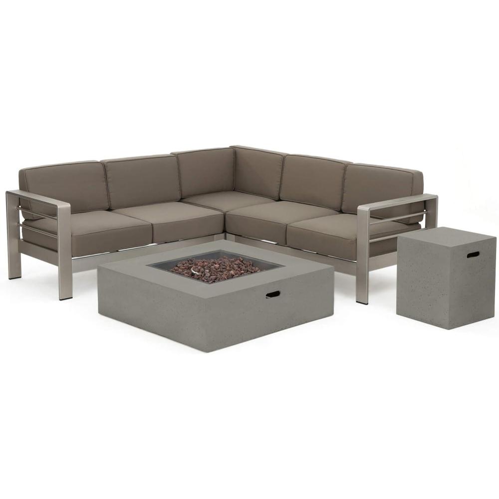 imageChristopher Knight Home Cape Coral Outdoor VShaped Sofa set with Fire Table Khaki  Light Grey