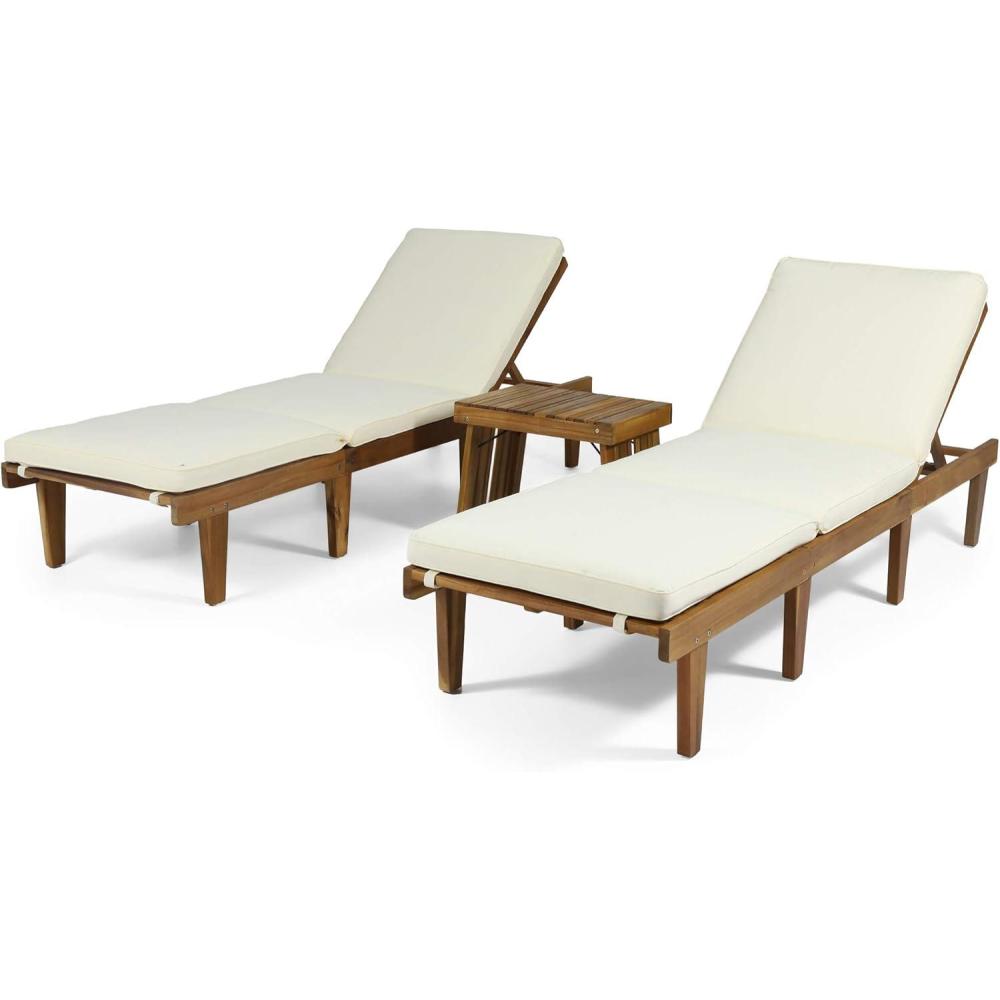 imageChristopher Knight Home Carlos Outdoor Acacia Wood 3 Piece Chaise Lounge Set Teak Finish CreamTeak Finish  Cream