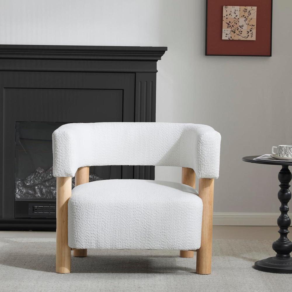 imageChristopher Knight Home Carly Low Profile Accent Chair Round Backrest Side Chair Living Room Armchair with Boucle Fabric Cushion Comfy Reading Chair for Bedroom Wooden Single Lounge Sofa WheatWhite