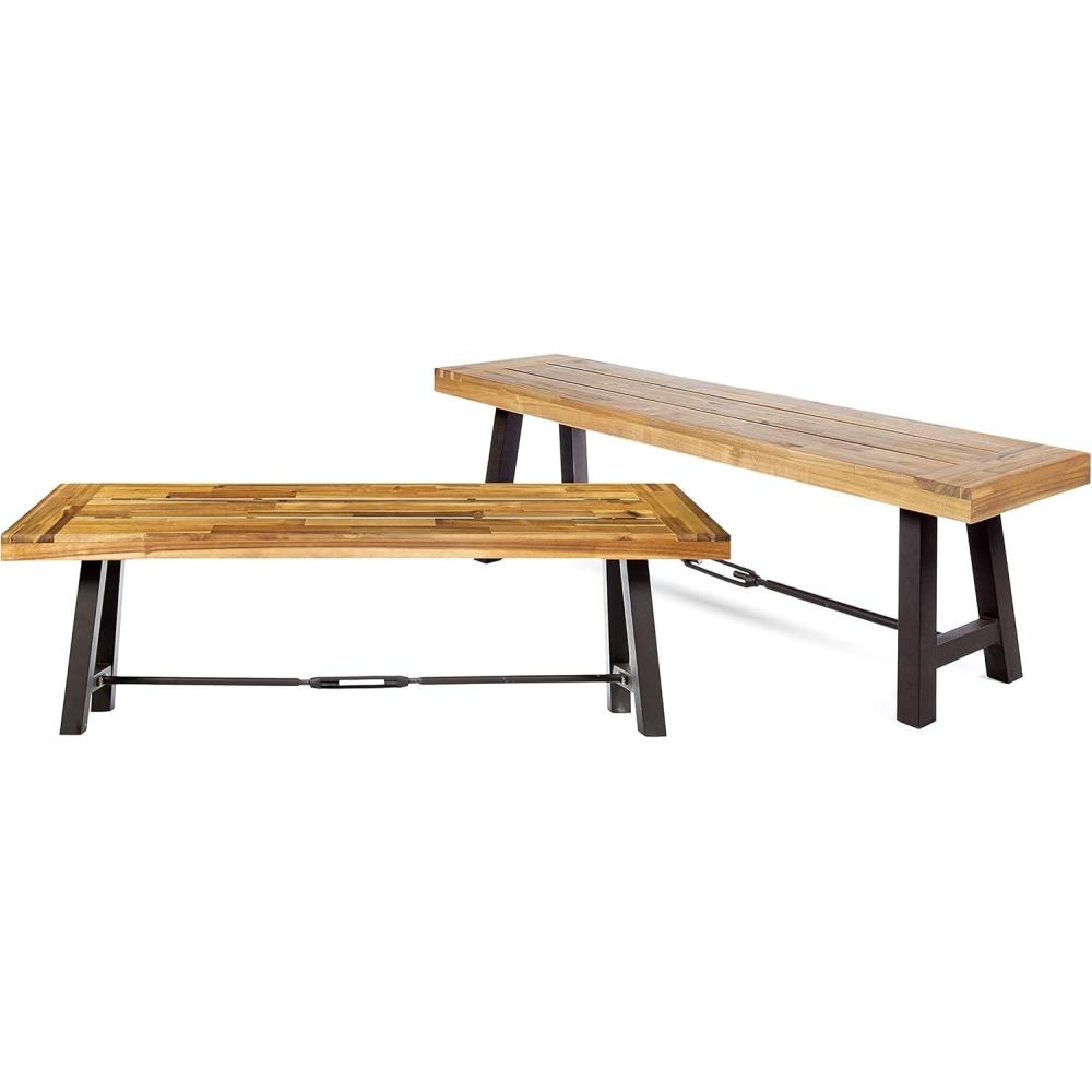 imageChristopher Knight Home Catriona Outdoor Dining Benches Acacia Wood TeakRustic Metal Set of 2