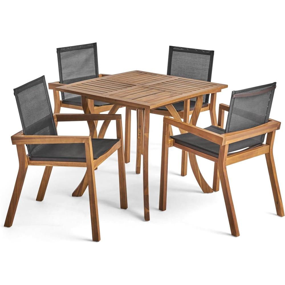 imageChristopher Knight Home Chaucer Outdoor Acacia Wood 4 Seater Square Dining Set with Mesh Seats Teak and Black