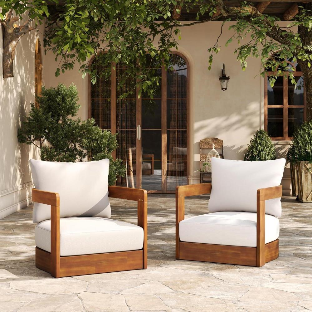 imageChristopher Knight Home Chloe Acacia Wood Lounge Chair Outdoor Set of 2 Curved Tub Design Accent Chairs with Weather Resistant Cushion Comfy Low Profile Reading Seating for Backyard Teak Beige