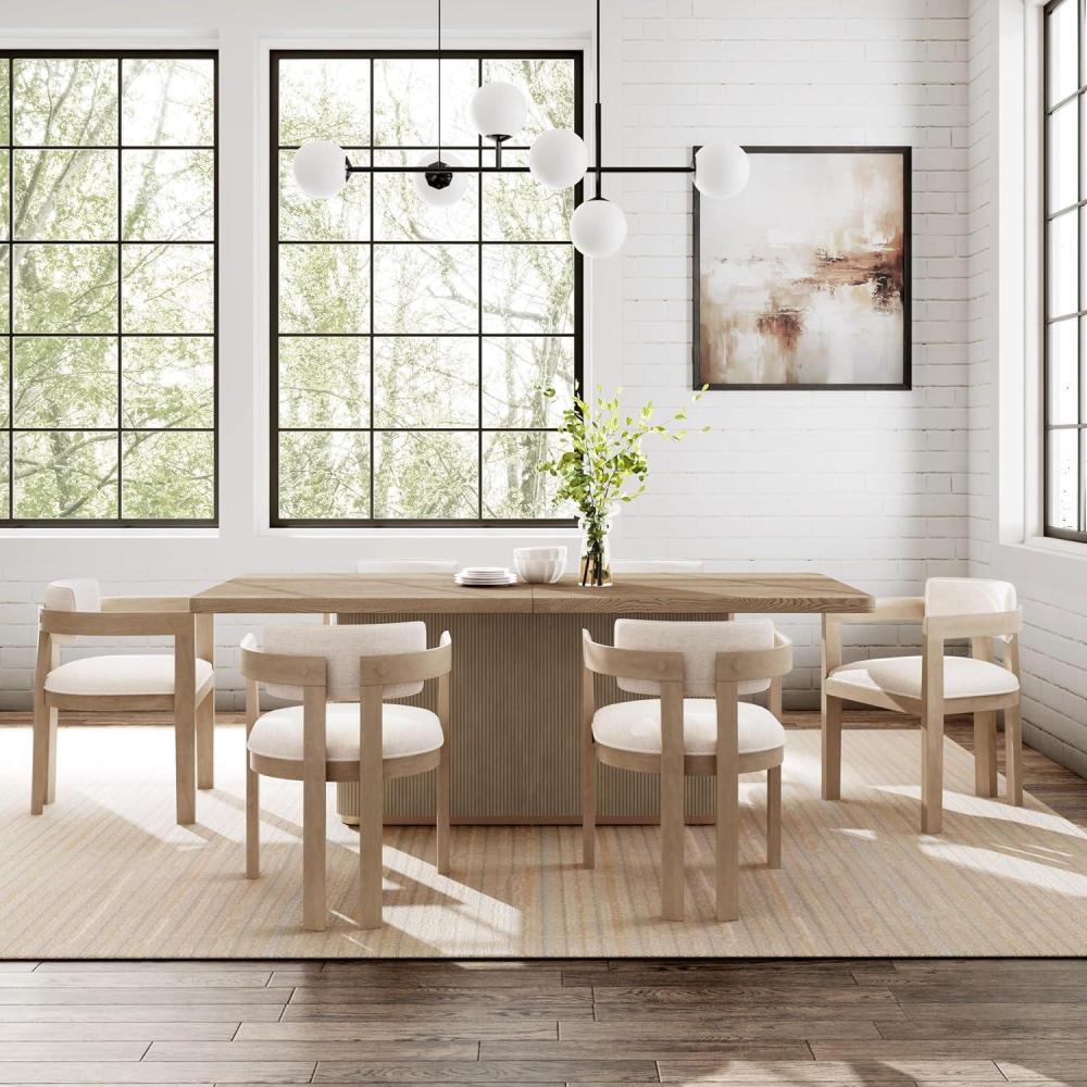 imageChristopher Knight Home Chowy 7 Piece Dining Set with Chairs Wooden Dining Table Set for 6 Spacious Kitchen Table with Pillar Leg Comfy Upholstered Curved Back Armchairs Beige Light Natural