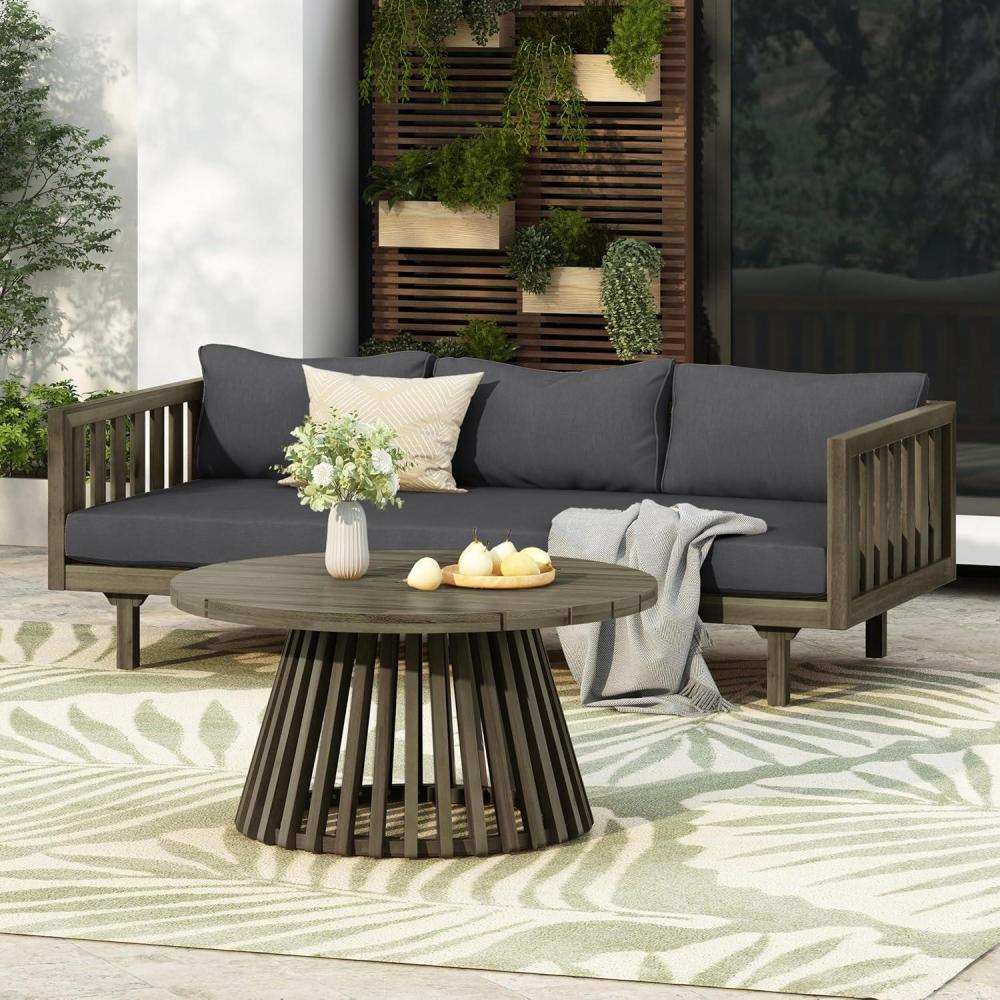 imageChristopher Knight Home Claremont Patio Sofa and Coffee Table Set 2 Piece Outdoor Patio Furniture Set with Cushion Acacia Wood 3 Seater Outdoor Sofa Daybed and Coffee Table Set TeakBeigeGreydark Grey
