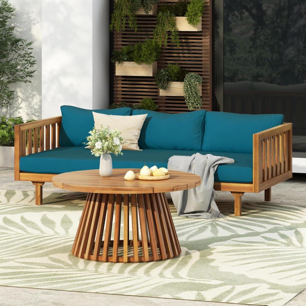 imageChristopher Knight Home Claremont Patio Sofa and Coffee Table Set 2 Piece Outdoor Patio Furniture Set with Cushion Acacia Wood 3 Seater Outdoor Sofa Daybed and Coffee Table Set TeakBeigeTeakdark Teal