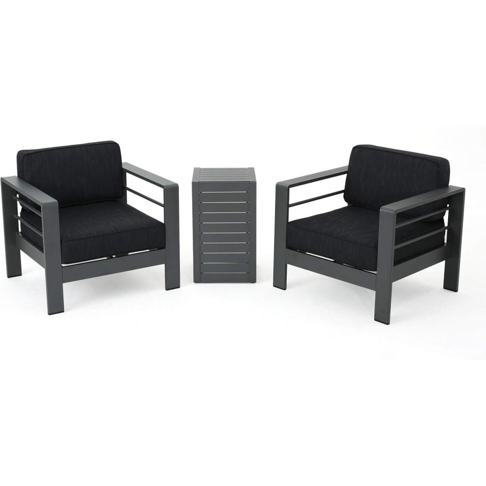 imageChristopher Knight Home Crested Bay Aluminum Outdoor Chat Set with Water Resistant Cushions 3Pcs Set Grey Dark Grey