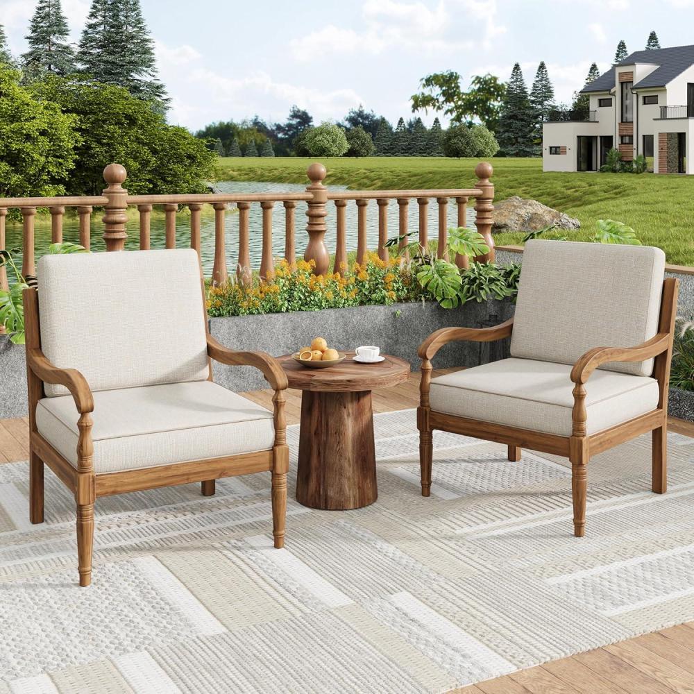 imageChristopher Knight Home Cuzz Acacia Wood Patio Chairs Set of 2 Outdoor Armchair with Thick Cushions Comfort Seating for Garden Backyard Wooden Lounge Chair Outdoor with Armrest Beige Natural