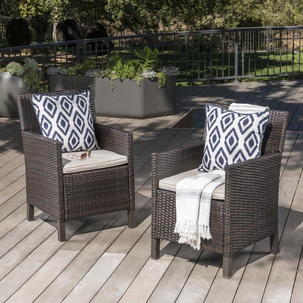 imageChristopher Knight Home Cypress Outdoor Wicker Dining Chairs with Water Resistant Cushions 2Pcs Set Multibrown Light Brown