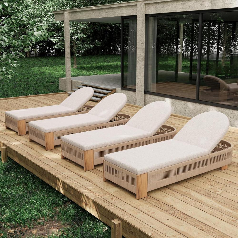 imageChristopher Knight Home Daskz Outdoor Chaise Lounge Chair Set of 4 Patio Outdoor Acacia Wood Chaise Lounge Adjustable Backrest Poolside Beach Yard Recliner Chair Rope Design 795 TeakGrayTeakbeige 4 Pcs Set