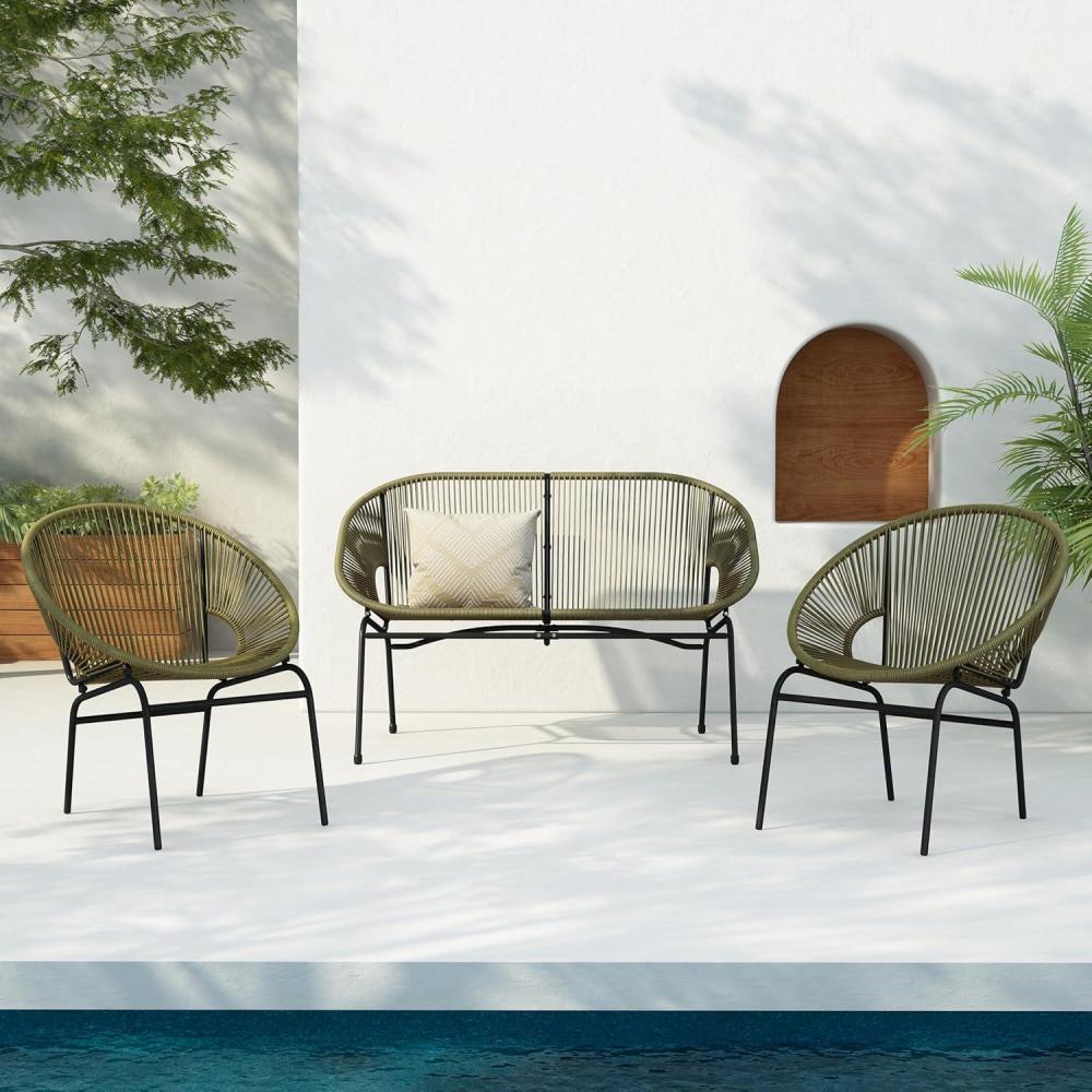 imageChristopher Knight Home Dessa 3 Piece Patio Furniture Set Patio Wicker Accent Chair Set of 2 and Loveseat Metal Frame 4 Seater Outdoor Papasan Lounge Chair Set PE Rattan Outdoor Bistro Set BlackGreen