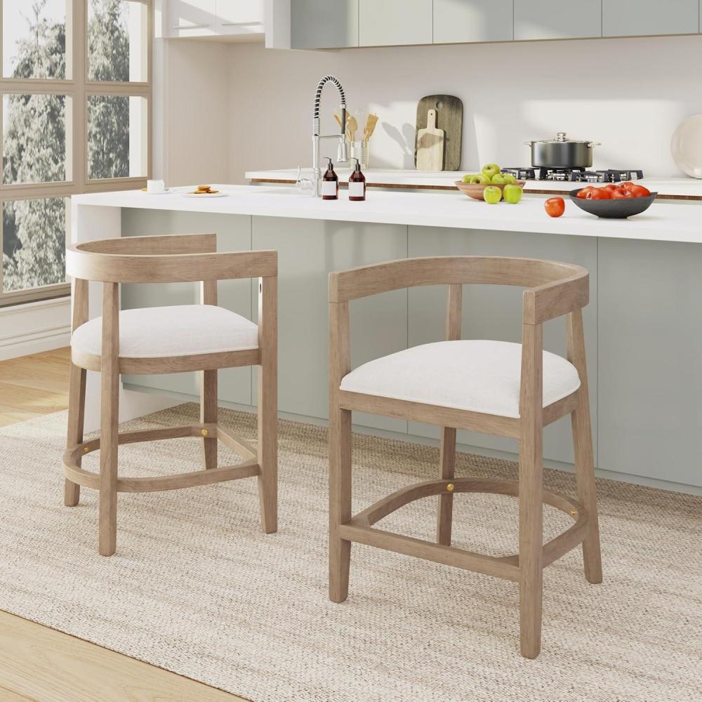 imageChristopher Knight Home Ebany 2525quot Barstools Set of 2 Rubberwood Counter Stool Upholstered Seat Bar Chair Curved Back Barstool Open Design Stool for Kitchen Dining Island Table Beige  WalnutBeigenatural