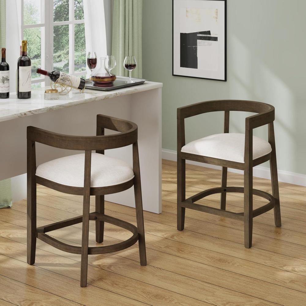 imageChristopher Knight Home Ebany 2525quot Barstools Set of 2 Rubberwood Counter Stool Upholstered Seat Bar Chair Curved Back Barstool Open Design Stool for Kitchen Dining Island Table Beige WalnutBeige Walnut