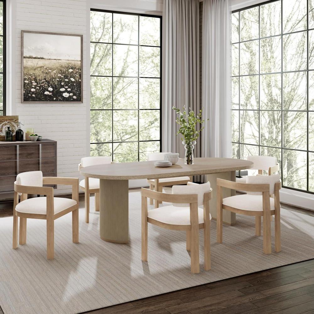 imageChristopher Knight Home Ebany 7 Piece Wooden Dining Set for 6 Dining Table and Chairs Set Oval Kitchen Table for 6 Curved Back Armchairs Restaurant Furniture Set with 6 Armchairs BeigeLight AshBeige