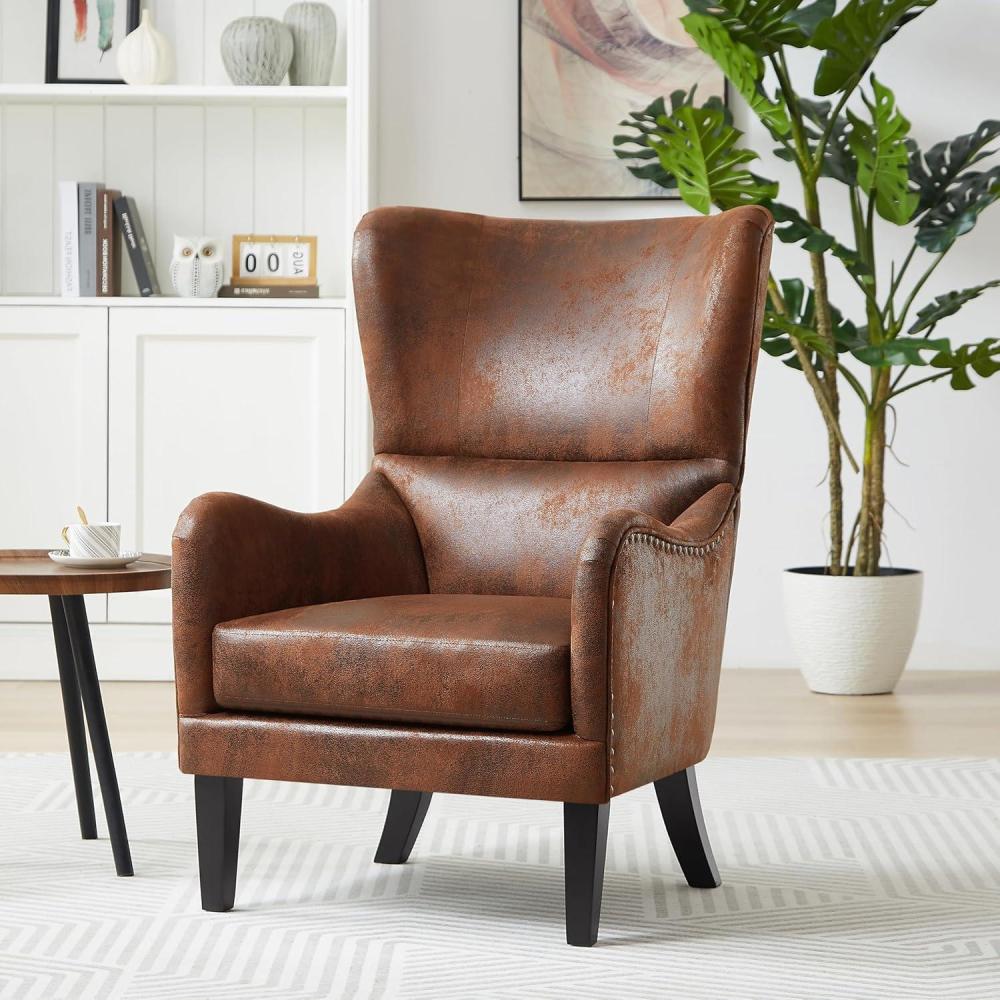imageChristopher Knight Home Elber MidCentury Modern Wingback Accent Chair Faux Suede Upholstered Club Chair with Cushion Wooden Living Room Lounge Chair for Reading Relaxation Brown