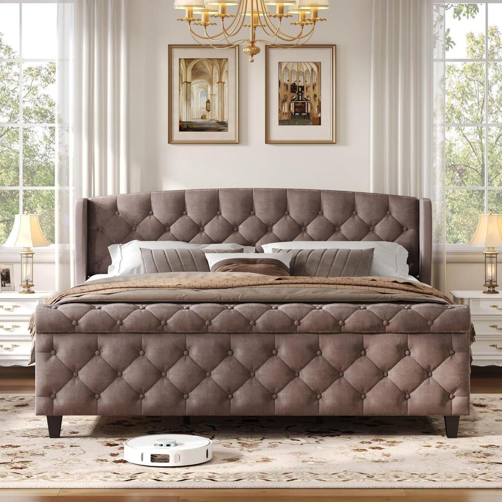 imageChristopher Knight Home Elley Velvet Upholstered King Size Bed Frame with Wingback Headboard Modern King Bed Frame and Headboard Wooden Slats Support Easy Assembly No Box Spring Needed BeigeBrown
