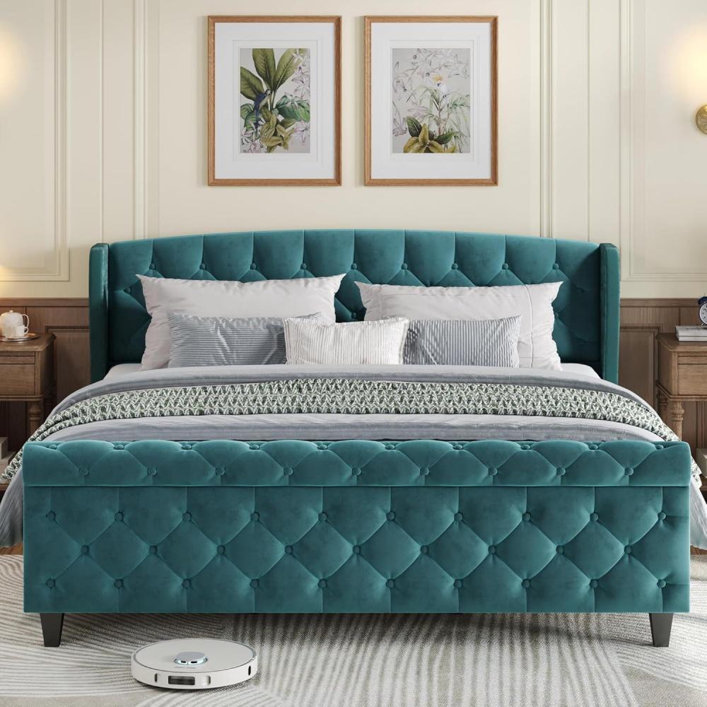 imageChristopher Knight Home Elley Velvet Upholstered King Size Bed Frame with Wingback Headboard Modern King Bed Frame and Headboard Wooden Slats Support Easy Assembly No Box Spring Needed BeigeGreen