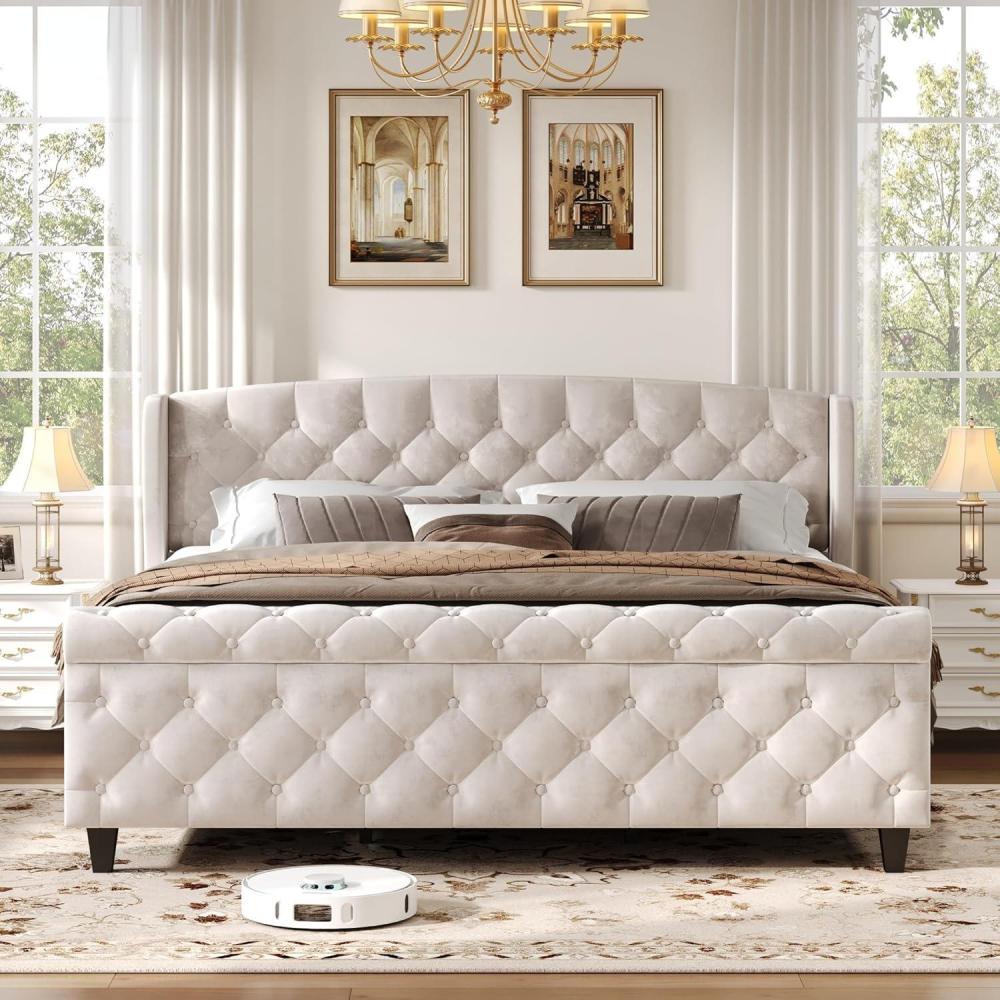 imageChristopher Knight Home Elley Velvet Upholstered King Size Bed Frame with Wingback Headboard Modern King Bed Frame and Headboard Wooden Slats Support Easy Assembly No Box Spring Needed BeigeBeige
