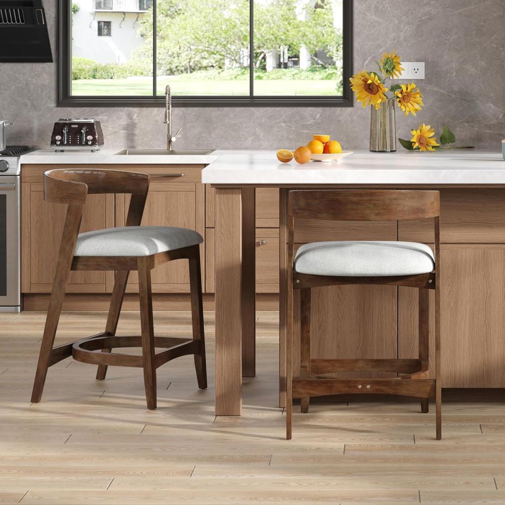 imageChristopher Knight Home Elsie Upholstered Counter Height Bar Stools Set of 2 Fabric Round Bar Stool for Kitchen Island Counter Stool with Footrest Wooden Dining Chair with Curved Backrest WalnutWalnut