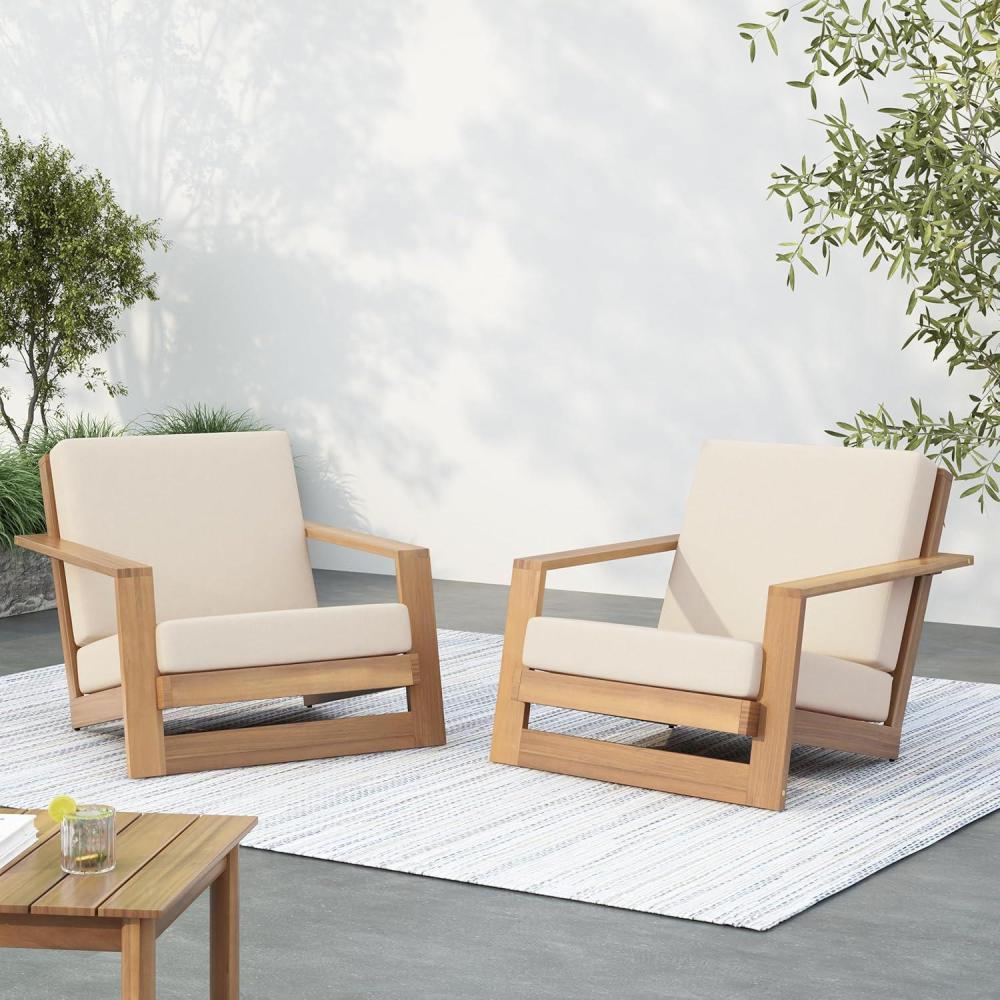 imageChristopher Knight Home Galio Set of 2 Acacia Wood Lounge Chair Outdoor Wooden Patio Armchair for Lounging Patio Furniture Single Sofa Chair Set Comfy Reading Chair with Cushion Light TeakBeige