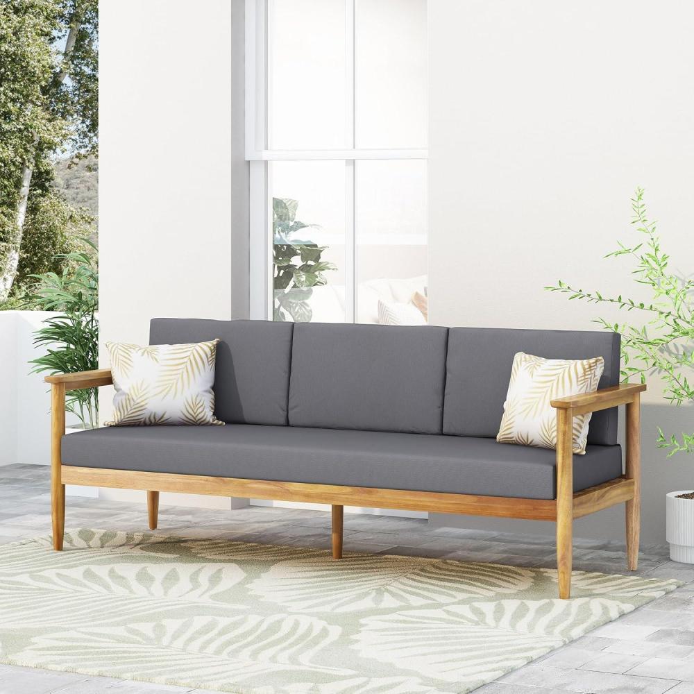 imageChristopher Knight Home Gaviaz Acacia Wood Outdoor 3 Seater Sofa 76 Modern Patio Couch with WaterResistant Cushions and Open Slat Design for Garden Poolside Deck Dark Gray