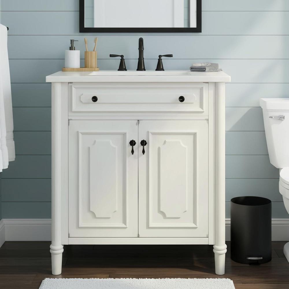 imageChristopher Knight Home Gehry 31quot Vintage Bathroom Vanity with Sink Combo Modern Freestanding Bathroom Sink Cabinet with Adjustable Shelf Bathroom Storage Cabinet with Sink Combo Set Antique WhiteWhite