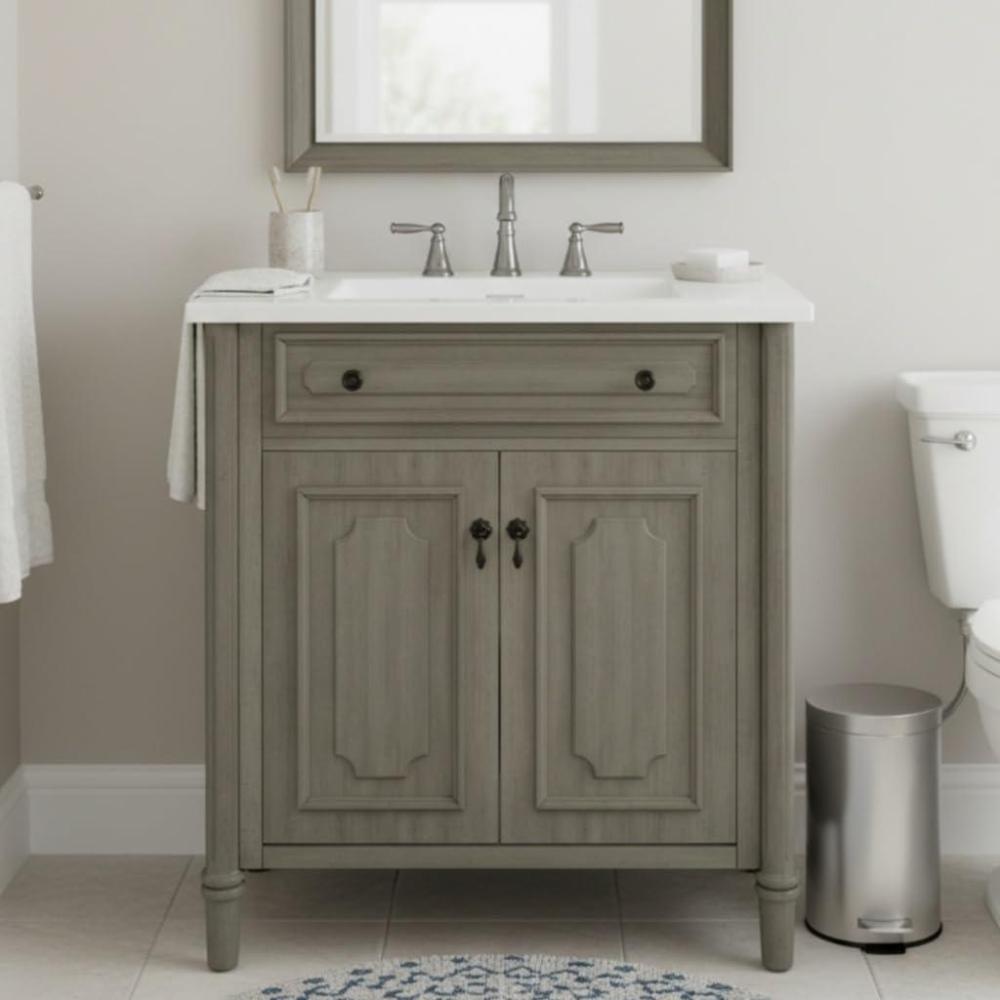 imageChristopher Knight Home Gehry 31quot Vintage Bathroom Vanity with Sink Combo Modern Freestanding Bathroom Sink Cabinet with Adjustable Shelf Bathroom Storage Cabinet with Sink Combo Set Antique WhiteGrey