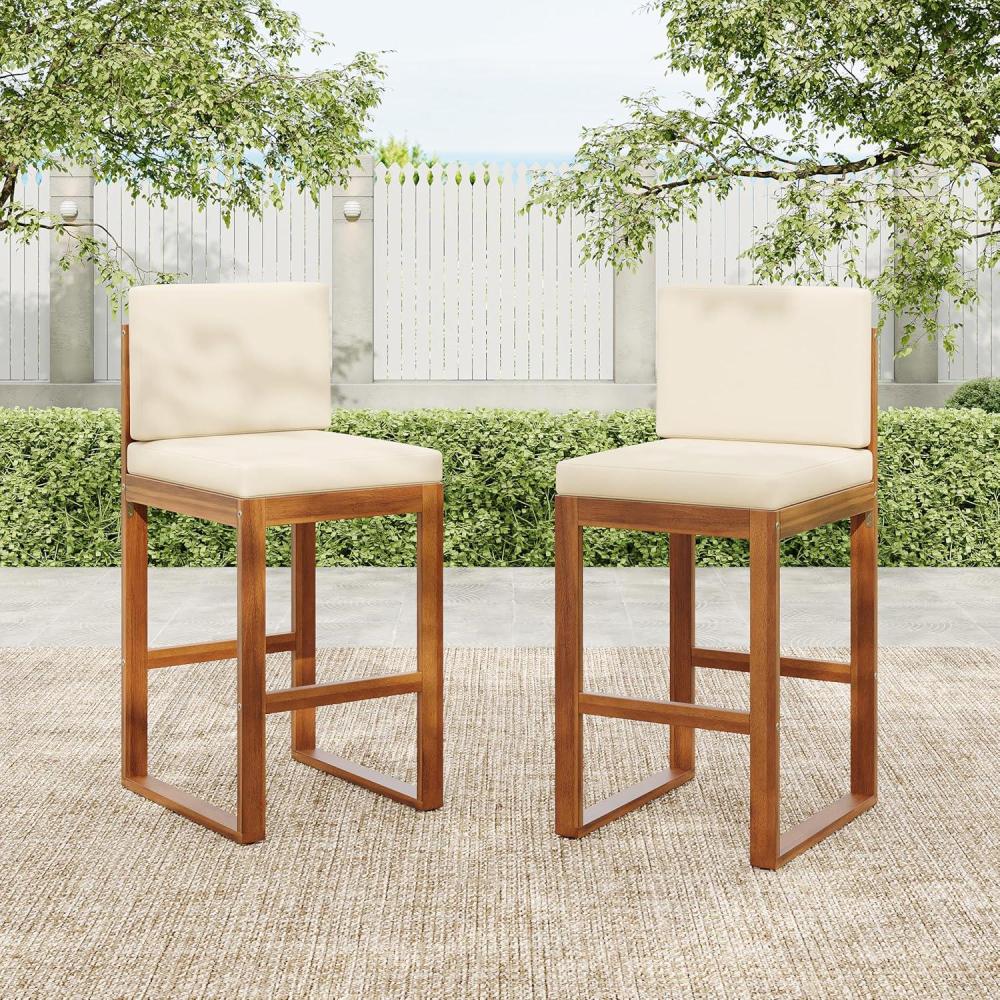 imageChristopher Knight Home Gree Outdoor Counter Height Bar Stools Set of 2 with Cushion Acacia Wood Patio Barstool for Kitchen Island Wooden Armless Counter Stool with Footrest Light BeigeLight BrownBeigeteak
