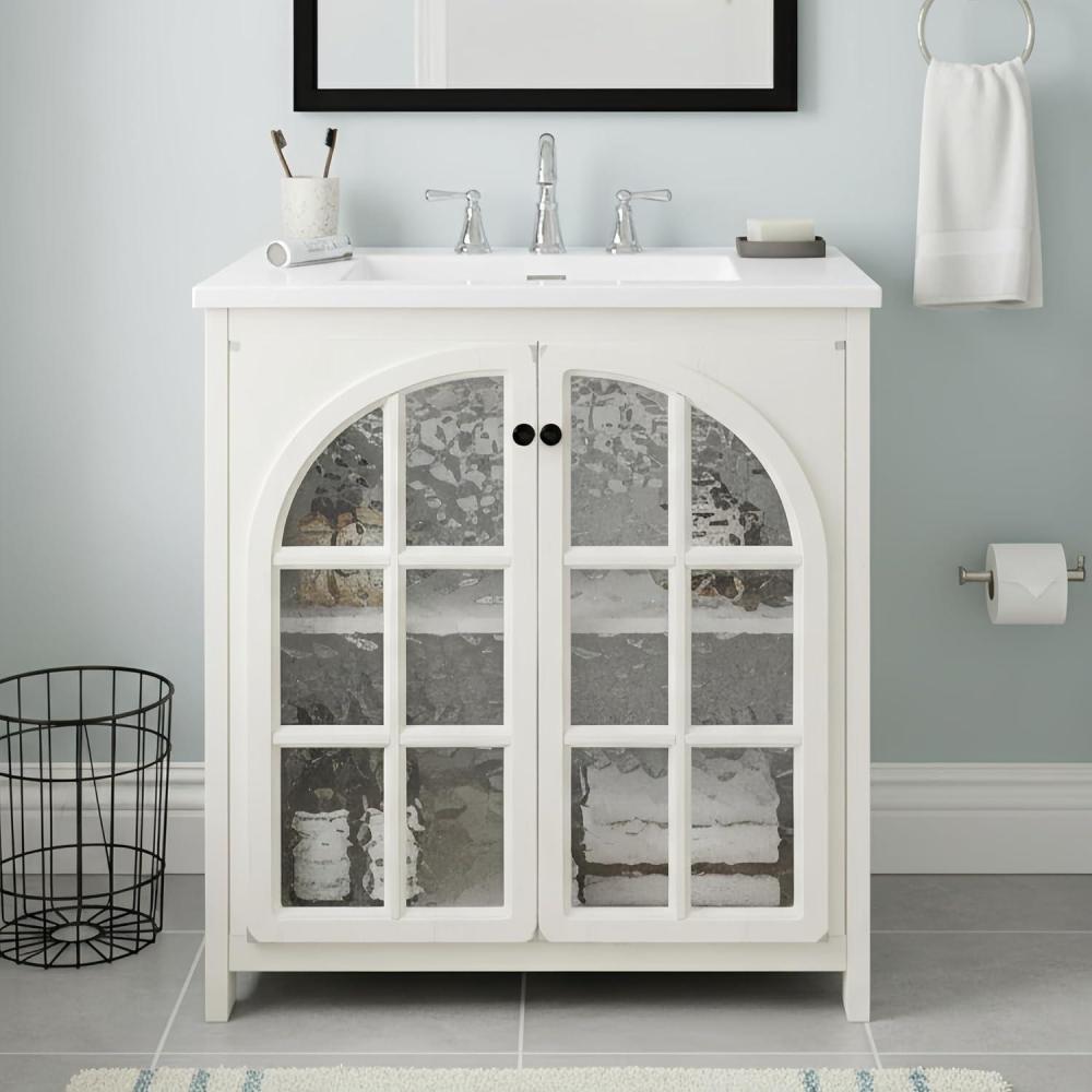 imageChristopher Knight Home Grele 31quot Vintage Bathroom Vanity with Sink Combo Modern Freestanding Bathroom Sink Cabinet with Adjustable Shelf Bathroom Storage Cabinet with Sink Combo Set Antique WhiteAntique White