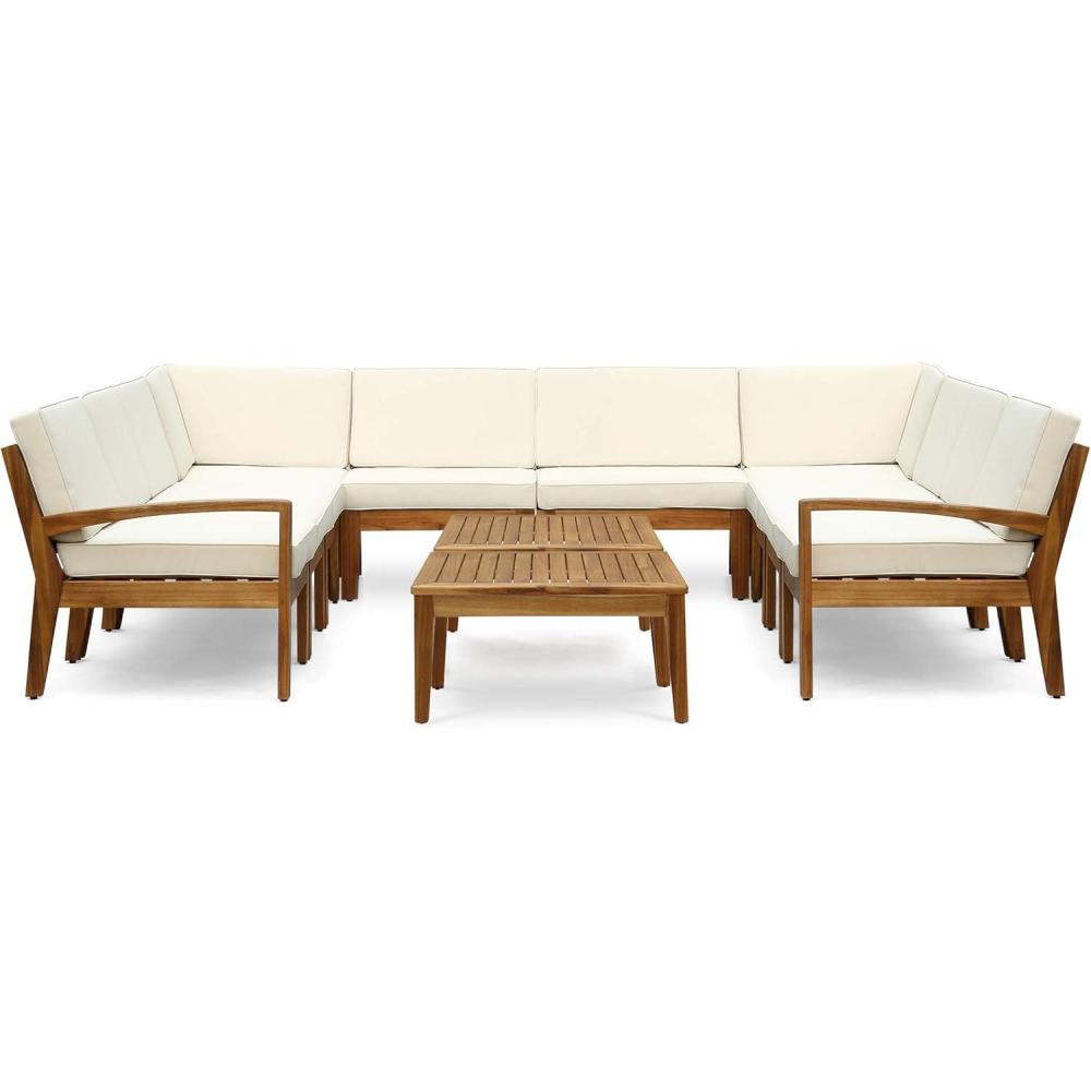imageChristopher Knight Home Grena Outdoor Acacia Wood 10 Seater Sectional Conversation Set with Two Coffee Tables Teak and Beige