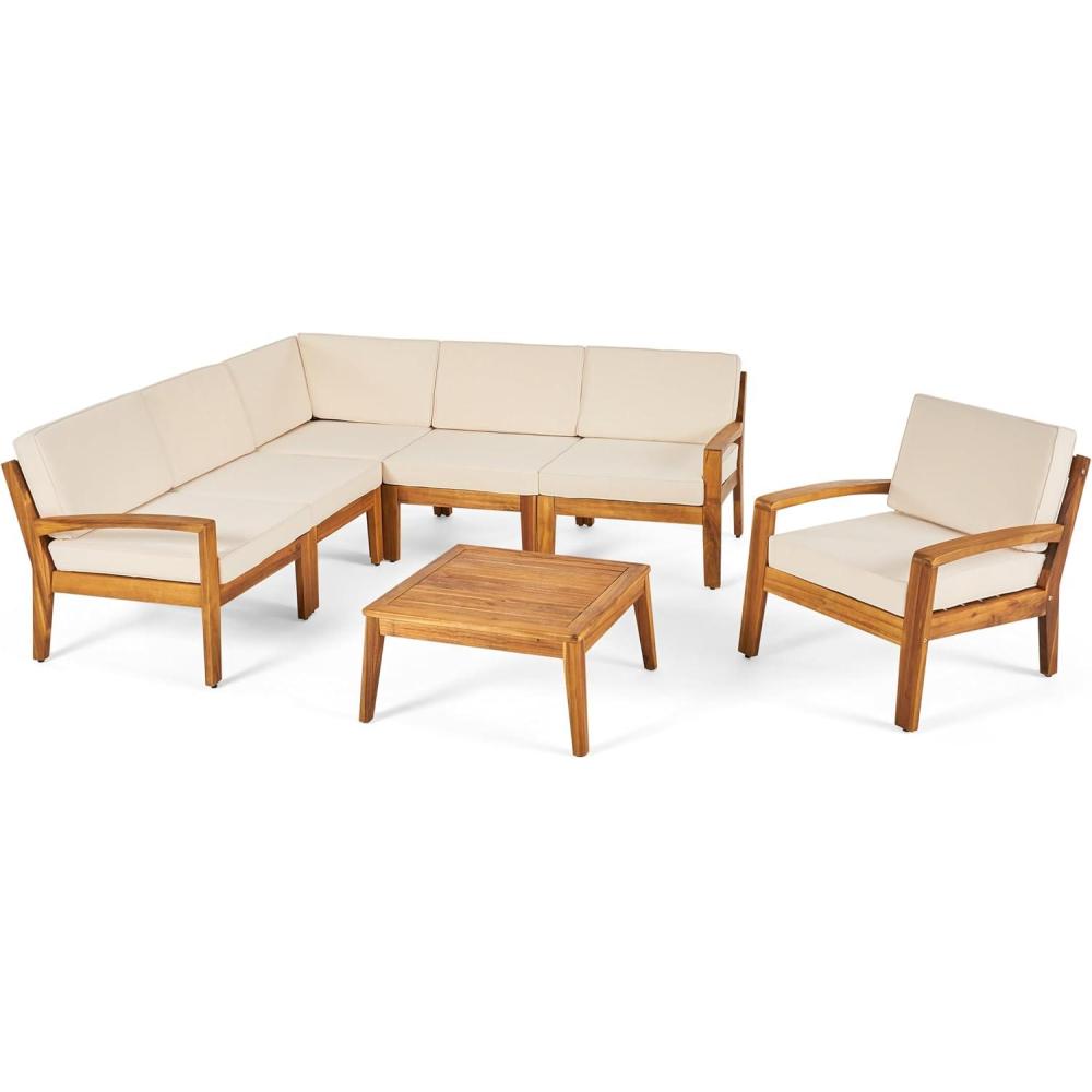 imageChristopher Knight Home Grena Outdoor Acacia Wood 6 Seater Sectional Conversation Set with Coffee Table Teak and Beige