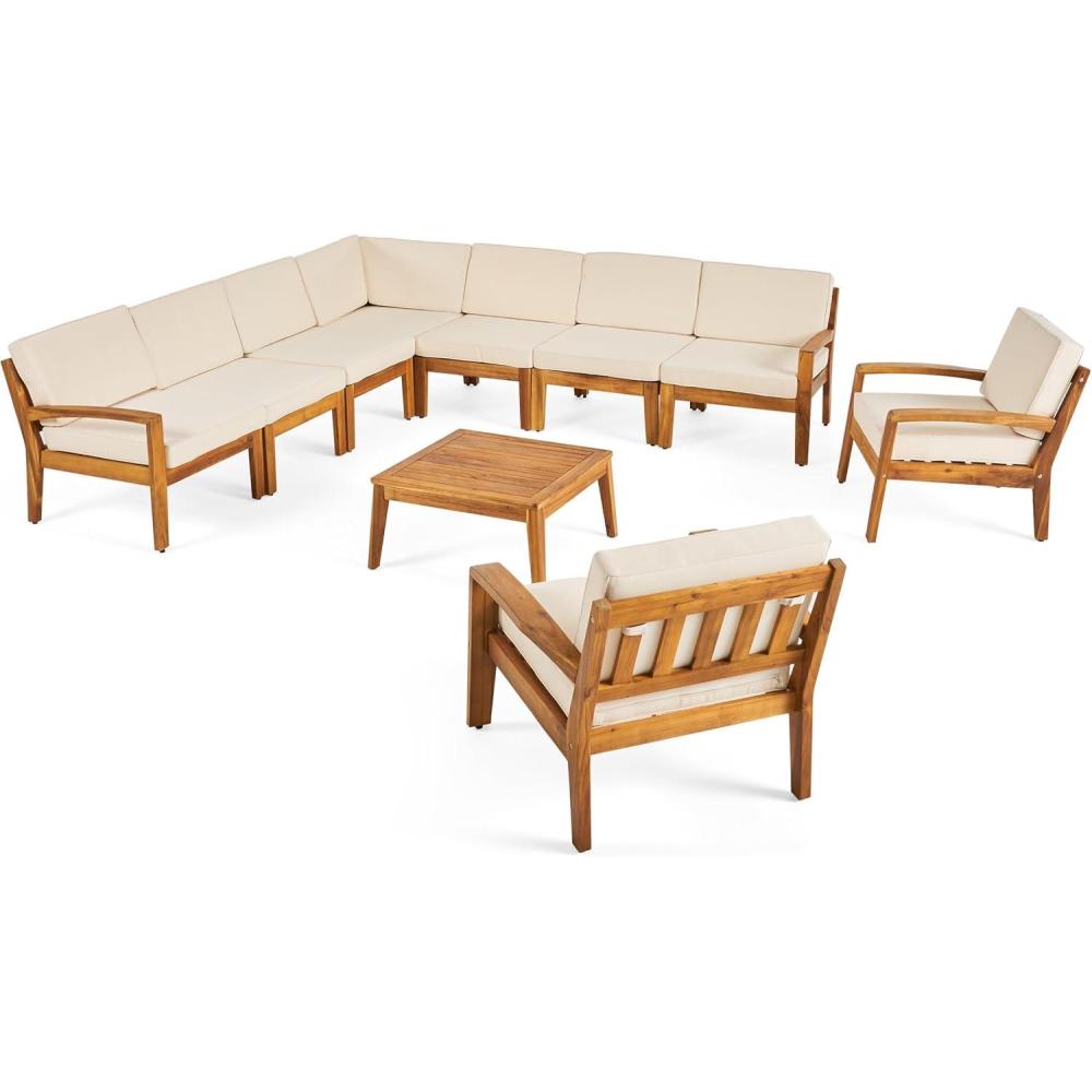 imageChristopher Knight Home Grena Outdoor Acacia Wood 9 Seater Sectional Conversation Set with Coffee Table Teak and Beige