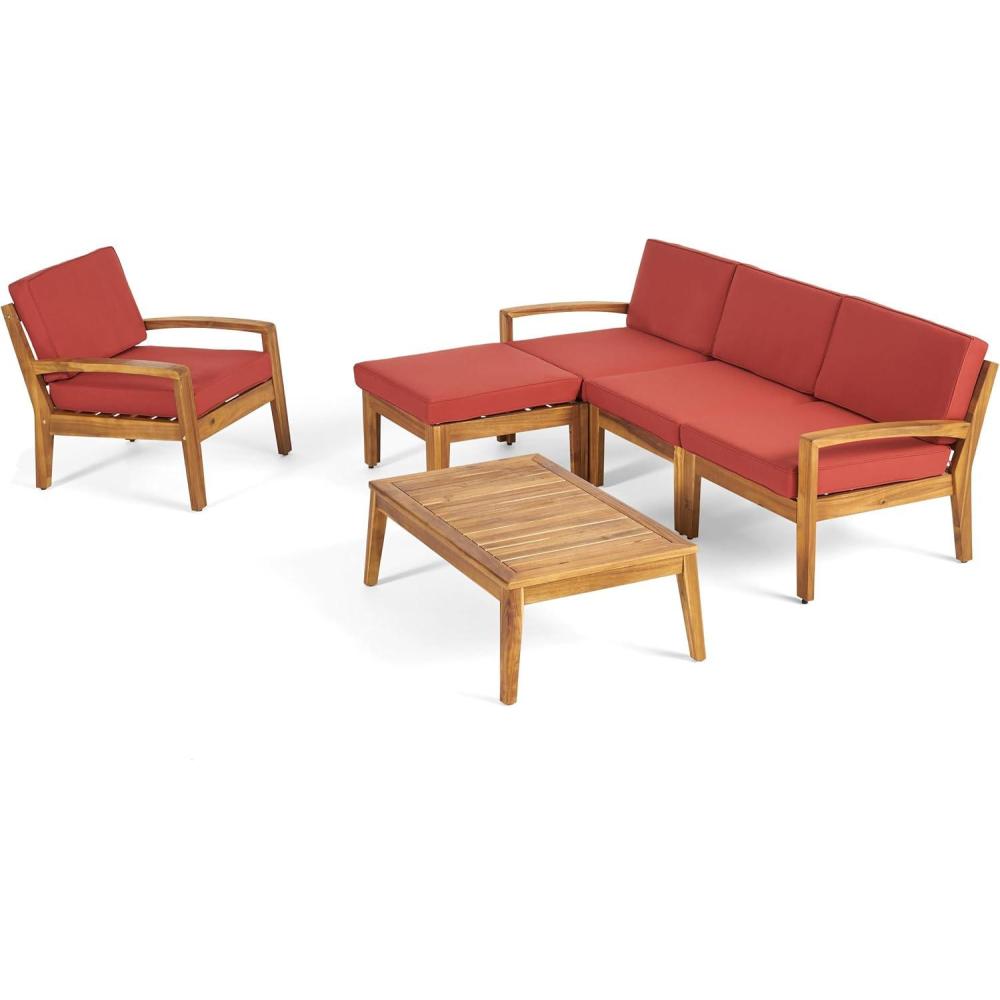 imageChristopher Knight Home Grenada 4Seater Sectional Sofa Set for Patio with Club Chair Ottoman and Coffee Table Acacia Wood Teak Finish with Red Outdoor Cushions