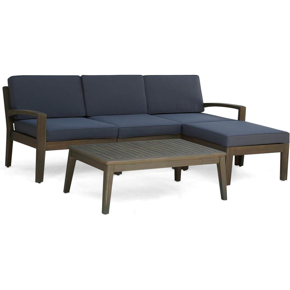imageChristopher Knight Home Grenada Sectional Sofa Set  5Piece 3Seater  Includes Coffee Table and Ottoman  Acacia Wood Frame  WaterResistant Cushions Dark Gray Finish