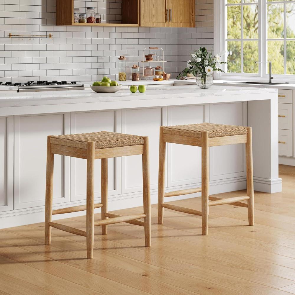imageChristopher Knight Home Guke Boho Backless Counter Height Bar Stools Set of 2 Acacia Wood Counter Stools with Rope Wicker Seat Square Bar Stool for Kitchen Island Wooden Dining Room Chair Natural
