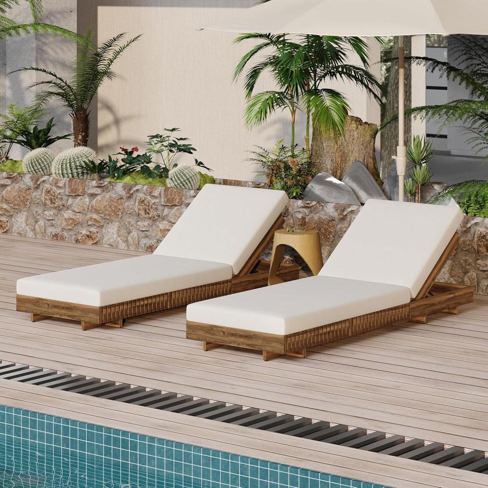 imageChristopher Knight Home Habers Acacia Wood Chaise Lounge Chair Outdoor Set of 2 Adjustable Backrest Sun Lounger Recliner Patio Outdoor Chaise Lounge with 4quot Thick WaterResistant CushionTeakCream