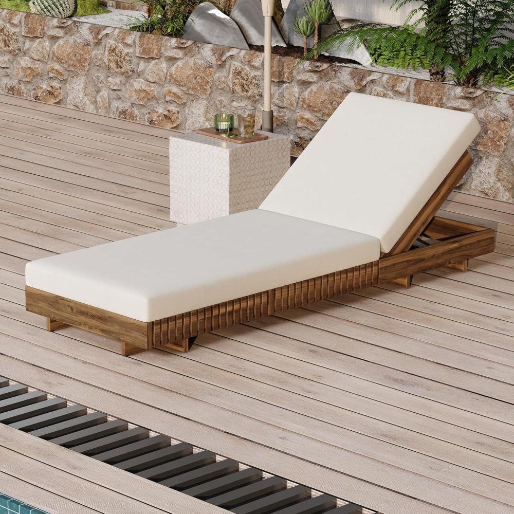 imageChristopher Knight Home Habers Acacia Wood Chaise Lounge with Triple Folds Cushion Outdoor Sun Lounger with 6Position Adjustable Backrest 77 Patio Recliner Chair for Poolside BackyardTeakCreamTeakcream