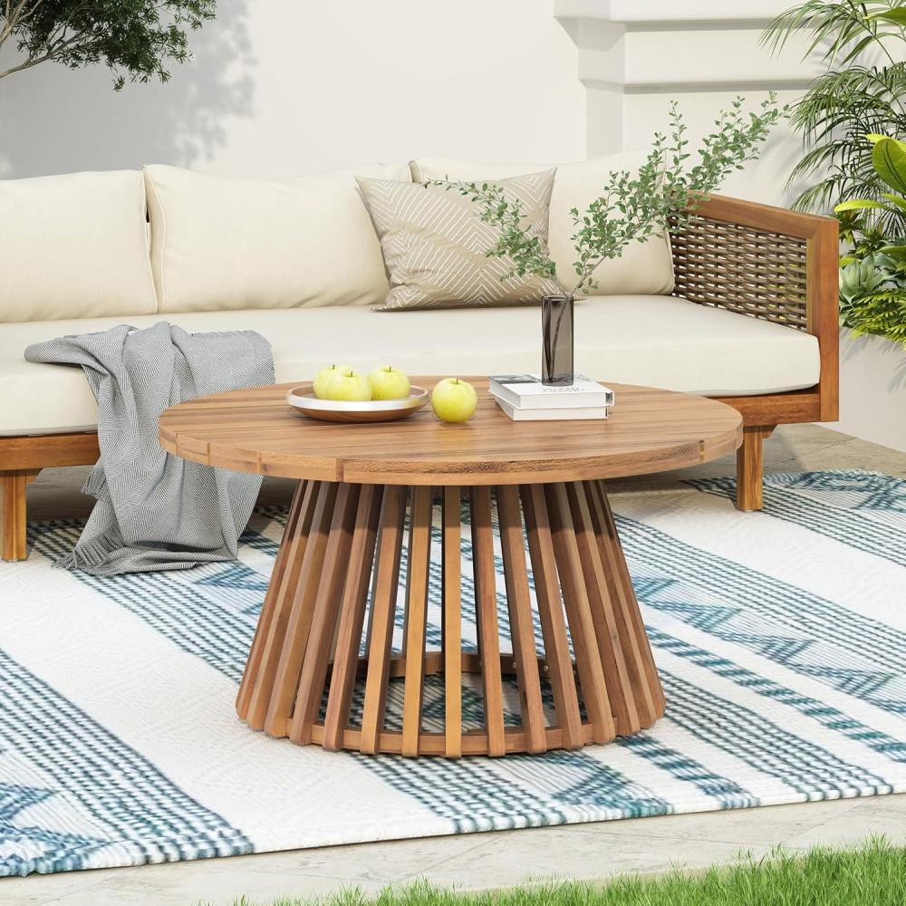 imageChristopher Knight Home Hakee Acacia Wood Patio Coffee Table Round Table with Unique Wooden Base for Backyard Balcony Stylish IndoorOutdoor Table Easy Assembly 315quot x 315quot x 16quot TeakLight Teak