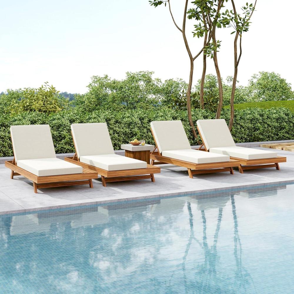 imageChristopher Knight Home Hamill Acacia Wood Chaise Lounge Chair Outdoor Set of 4 Adjustable Backrest Sun Lounger Recliner Patio Outdoor Chaise Lounge with 4quot Thick WaterResistant CushionTeakCream