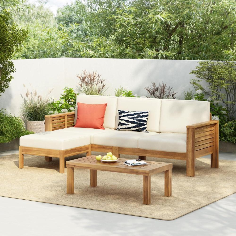 imageChristopher Knight Home Havets 3 Pieces Outdoor Acacia Furniture Set Slat Panel Couch Spacious Seating Armchair 6quot Thick Cushions Sofa and Coffee Table Set for Backyard Garden Balcony TeakBeige