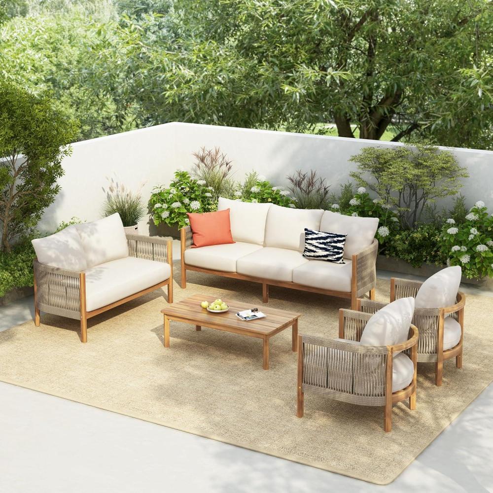 imageChristopher Knight Home Havets 5 Pieces Outdoor Acacia Furniture Set Woven Rope Loveseat and Accent Club Chairs 6quot Thick Cushions Sofa and Coffee Table Set for Backyard Garden Balcony TeakBeigeTeakbeige