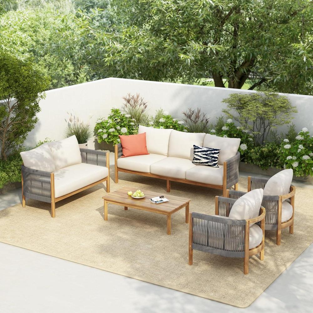 imageChristopher Knight Home Havets 5 Pieces Outdoor Acacia Furniture Set Woven Rope Loveseat and Accent Club Chairs 6quot Thick Cushions Sofa and Coffee Table Set for Backyard Garden Balcony TeakBeigeGraybeige