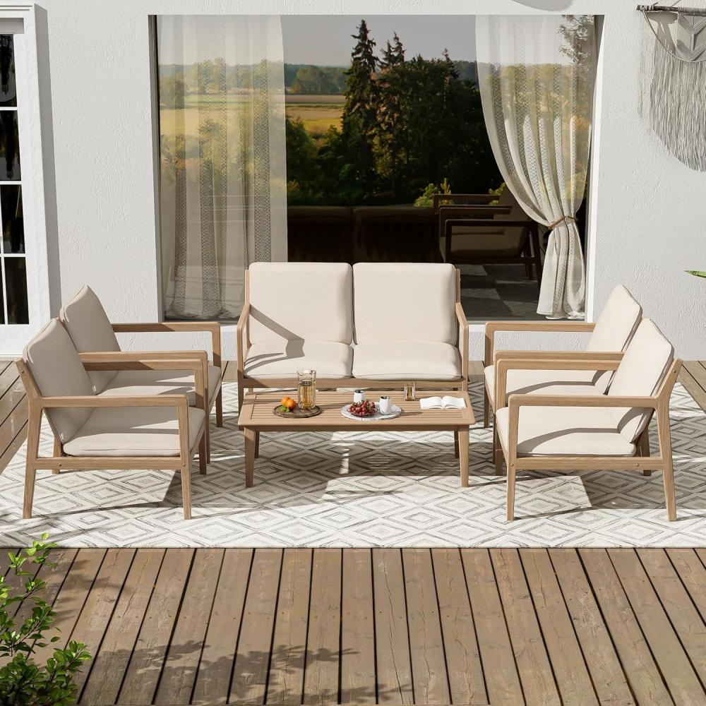 imageChristopher Knight Home Hearth Patio 6 Pieces Conversation Set Acacia Wood Loveseat and Accent Armchairs Slat Panel Coffee Table Side Table with Sofa Chairs Chat Set for Garden Yard Light Teak