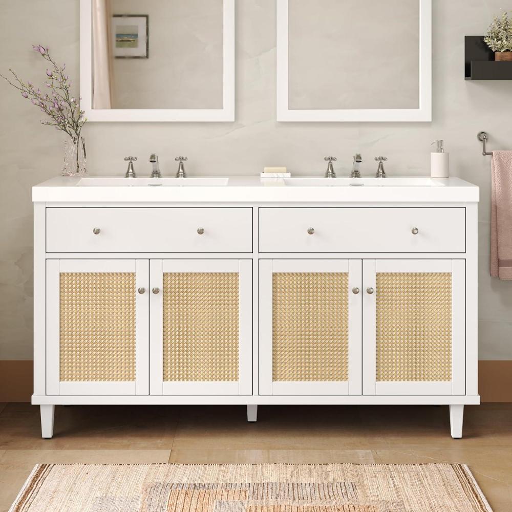 imageChristopher Knight Home Heli 60quot Modern Double Bathroom Vanity with Sink Combo Set Modern Freestanding Bathroom Sink Cabinet with Drawer Bathroom Storage Cabinet with Sink Combo White BrownWhite Natural