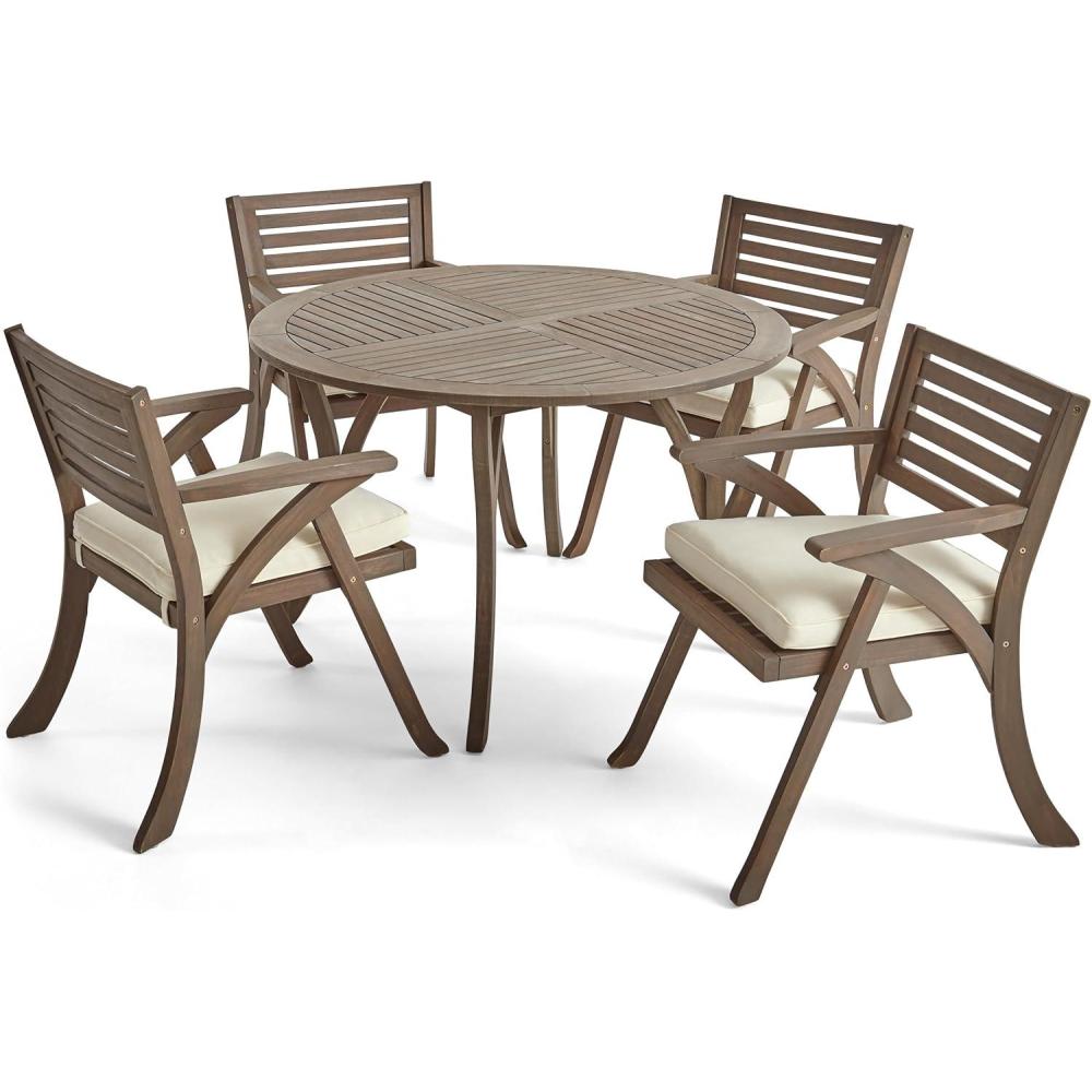 imageChristopher Knight Home Hermosa Outdoor 5 Piece Acacia Wood Dining Set with Round Table Gray and Crme