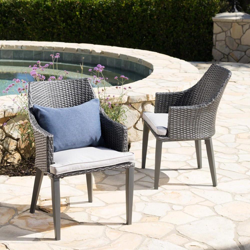 imageChristopher Knight Home Hillhurst Outdoor Wicker Dining Chairs with Water Resistant Cushions 2Pcs Set Grey Light Grey